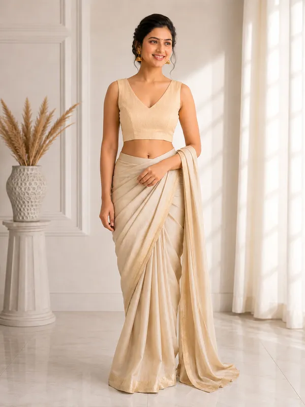 Beige_Art_Silk_Stylish_V-Neck_Sleeveless_Plain_Saree_Blouse_For_Women