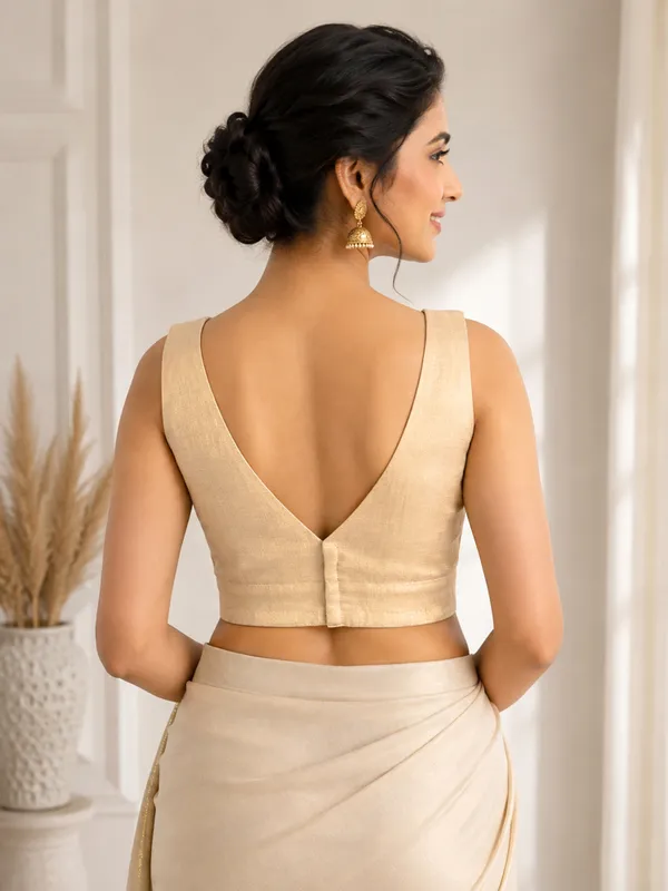 Beige_Art_Silk_Stylish_V-Neck_Sleeveless_Plain_Saree_Blouse_For_Women