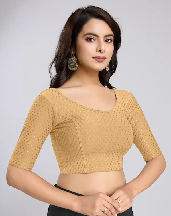 Beige_Cotton_Lycra_Stretchable_Comfy_Round_Neck_Elbow_Sleeves_Saree_Blouse_Readymade
