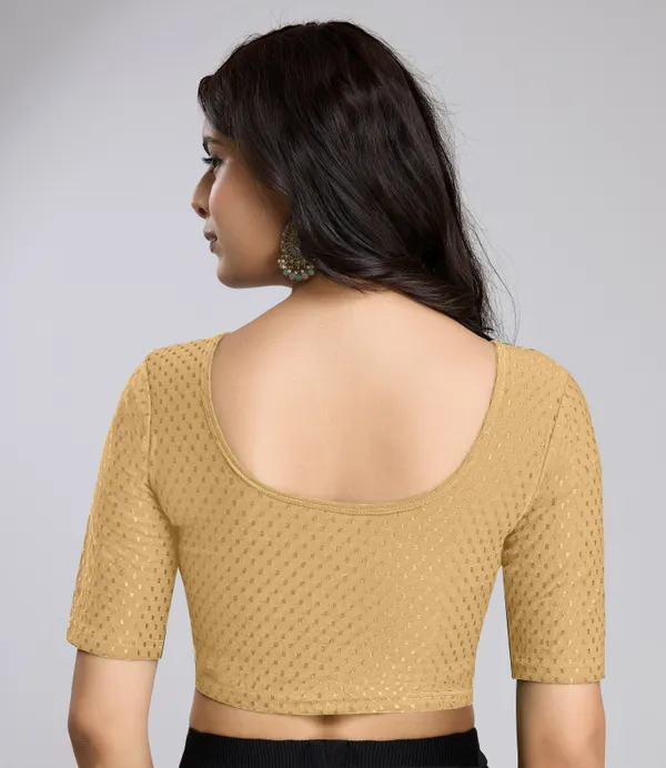 Beige_Cotton_Lycra_Stretchable_Comfy_Round_Neck_Elbow_Sleeves_Saree_Blouse_Readymade