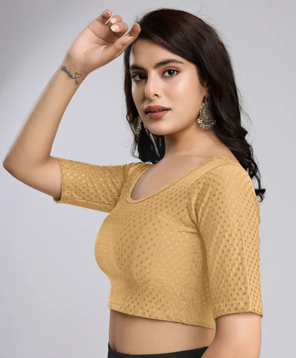 Beige_Cotton_Lycra_Stretchable_Comfy_Round_Neck_Elbow_Sleeves_Saree_Blouse_Readymade