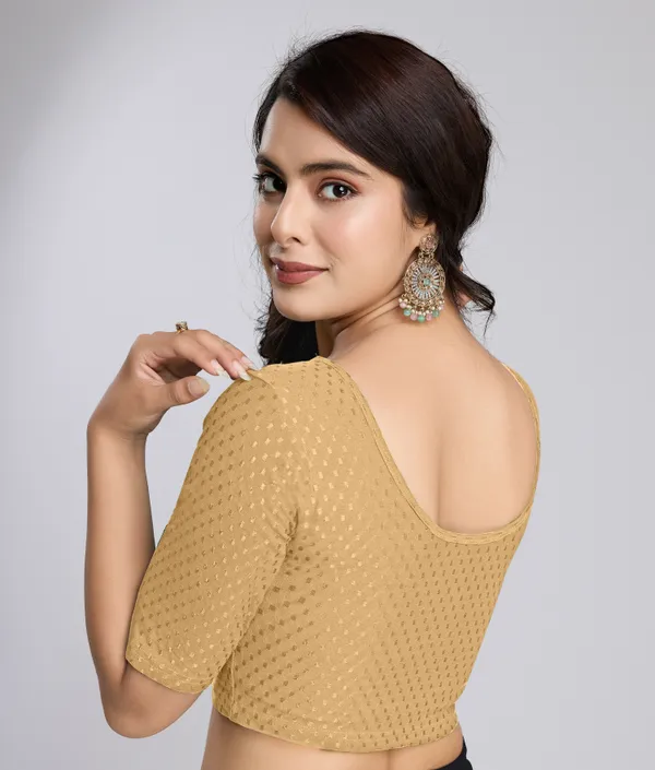 Beige_Cotton_Lycra_Stretchable_Comfy_Round_Neck_Elbow_Sleeves_Saree_Blouse_Readymade