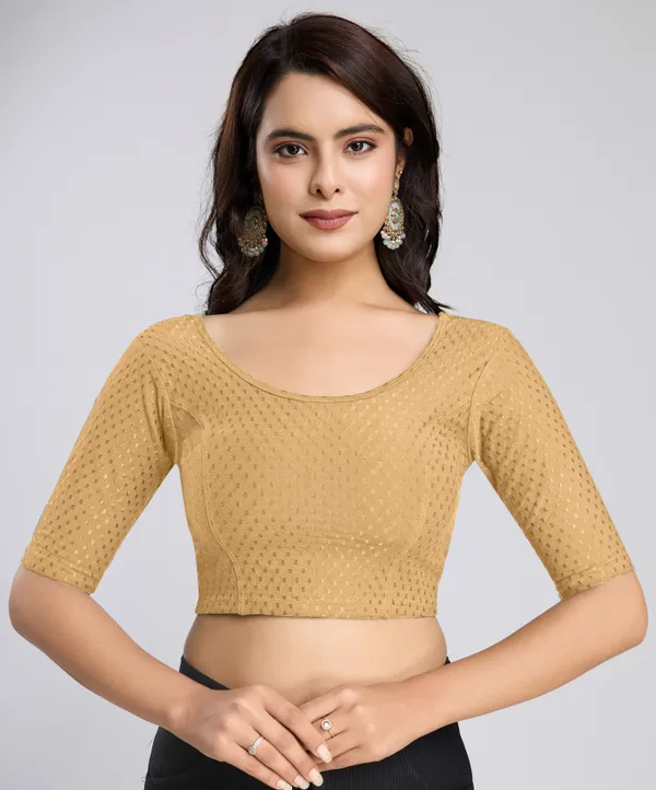 Beige_Cotton_Lycra_Stretchable_Comfy_Round_Neck_Elbow_Sleeves_Saree_Blouse_Readymade