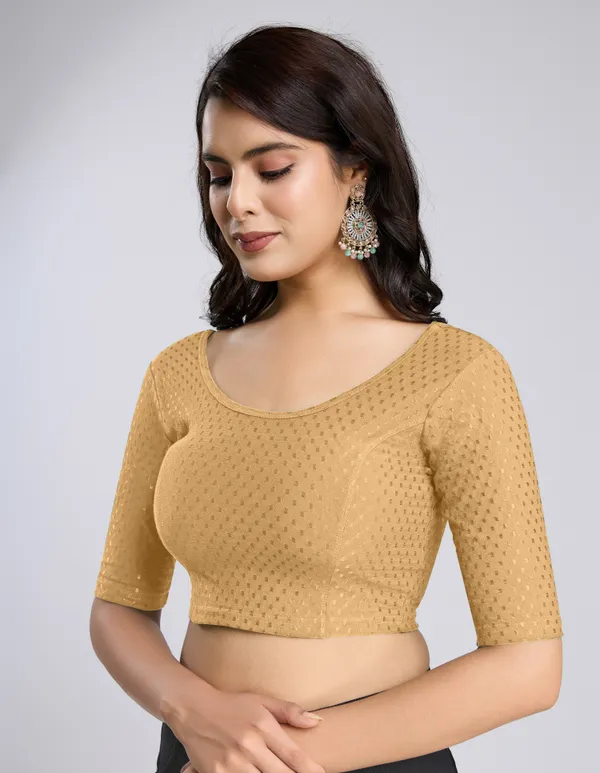 Beige_Cotton_Lycra_Stretchable_Comfy_Round_Neck_Elbow_Sleeves_Saree_Blouse_Readymade