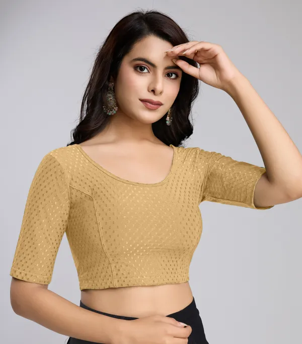 Beige_Cotton_Lycra_Stretchable_Comfy_Round_Neck_Elbow_Sleeves_Saree_Blouse_Readymade