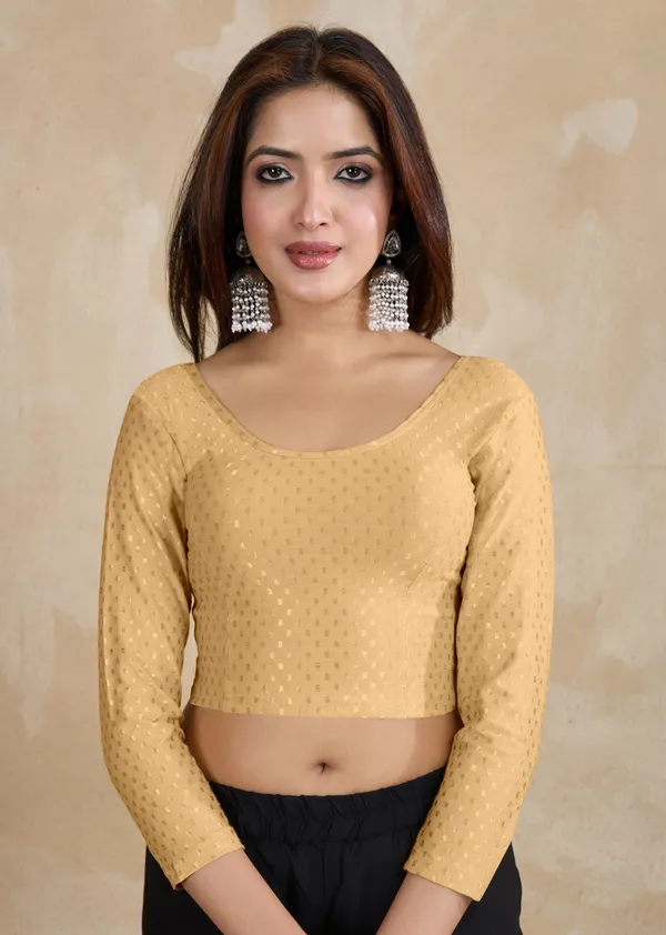 Beige_Dobby_Pure_Cotton_Elastin_Stretchable_Readymade_Blouse