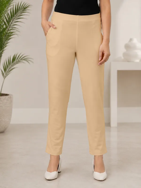 Beige_Super_Cotton_Stretch_Pants_Full_Length_for_Women_Breathable