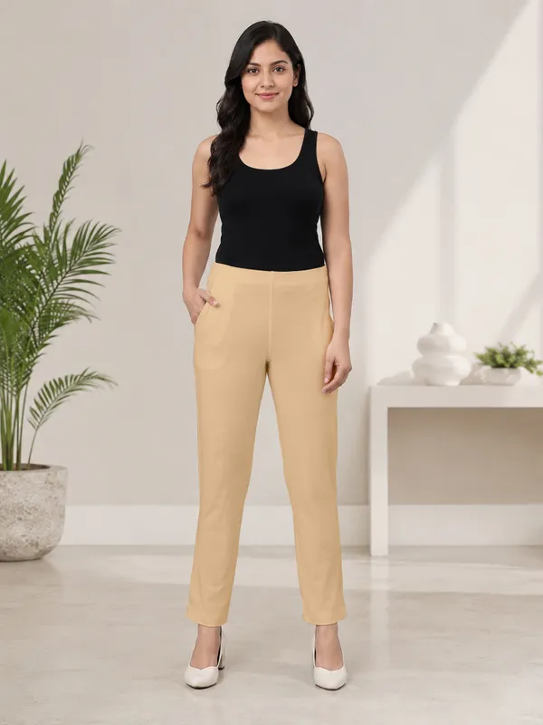 Beige_Super_Cotton_Stretch_Pants_Full_Length_for_Women_Breathable