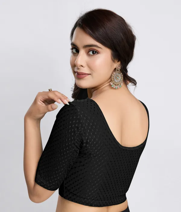 Black_Cotton_Lycra_Stretchable_Comfy_Round_Neck_Elbow_Sleeves_Saree_Blouse_Readymade
