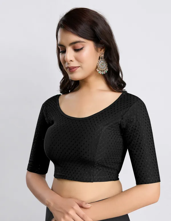 Black_Cotton_Lycra_Stretchable_Comfy_Round_Neck_Elbow_Sleeves_Saree_Blouse_Readymade
