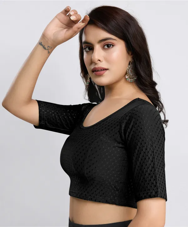 Black_Cotton_Lycra_Stretchable_Comfy_Round_Neck_Elbow_Sleeves_Saree_Blouse_Readymade
