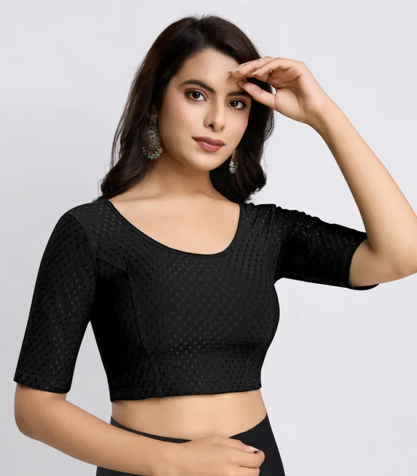 Black_Cotton_Lycra_Stretchable_Comfy_Round_Neck_Elbow_Sleeves_Saree_Blouse_Readymade