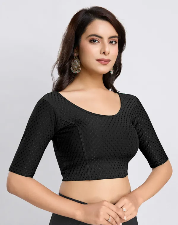 Black_Cotton_Lycra_Stretchable_Comfy_Round_Neck_Elbow_Sleeves_Saree_Blouse_Readymade