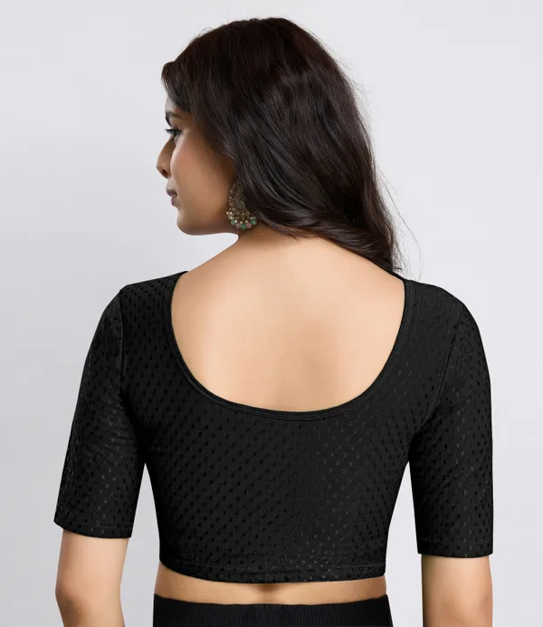 Black_Cotton_Lycra_Stretchable_Comfy_Round_Neck_Elbow_Sleeves_Saree_Blouse_Readymade