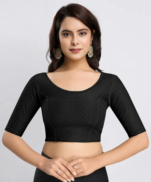 Black_Cotton_Lycra_Stretchable_Comfy_Round_Neck_Elbow_Sleeves_Saree_Blouse_Readymade