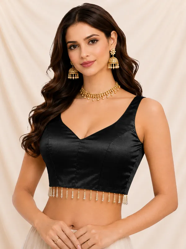 Black_Gaji_Silk_Sleeveless_Beads_Lace_Work_Ready_To_Wear_Blouse_For_Women