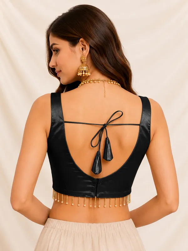 Black_Gaji_Silk_Sleeveless_Beads_Lace_Work_Ready_To_Wear_Blouse_For_Women