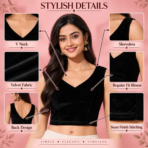 Black_Velvet_Sleeveless_V-Neck_Readymade_Stylish_Saree_Blouse_Top
