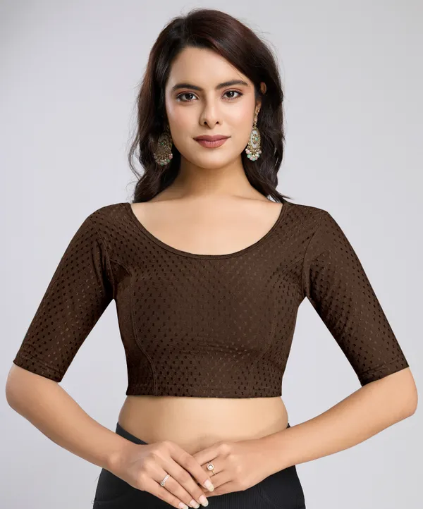 Brown_Cotton_Lycra_Stretchable_Comfy_Round_Neck_Elbow_Sleeves_Saree_Blouse_Readymade