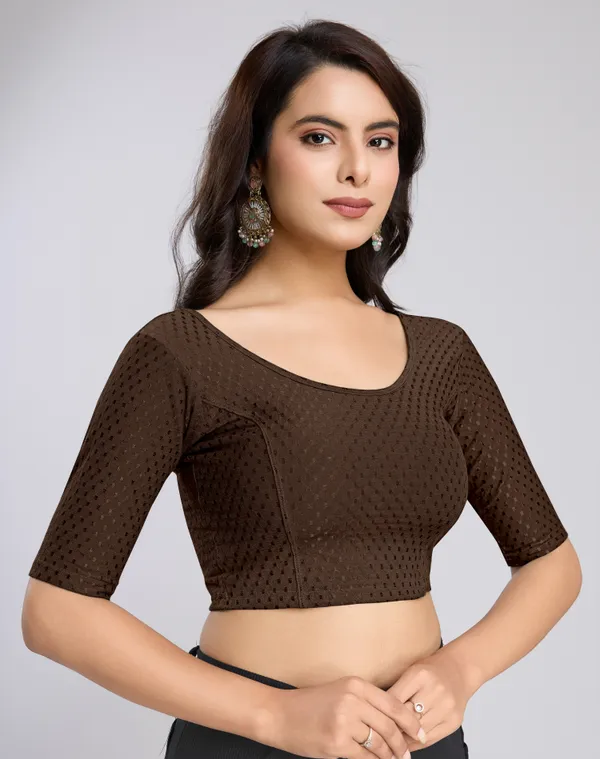 Brown_Cotton_Lycra_Stretchable_Comfy_Round_Neck_Elbow_Sleeves_Saree_Blouse_Readymade