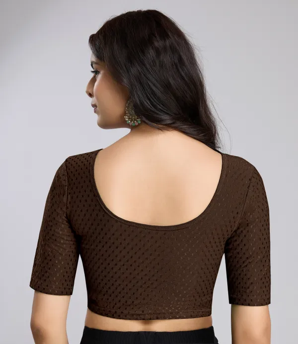 Brown_Cotton_Lycra_Stretchable_Comfy_Round_Neck_Elbow_Sleeves_Saree_Blouse_Readymade