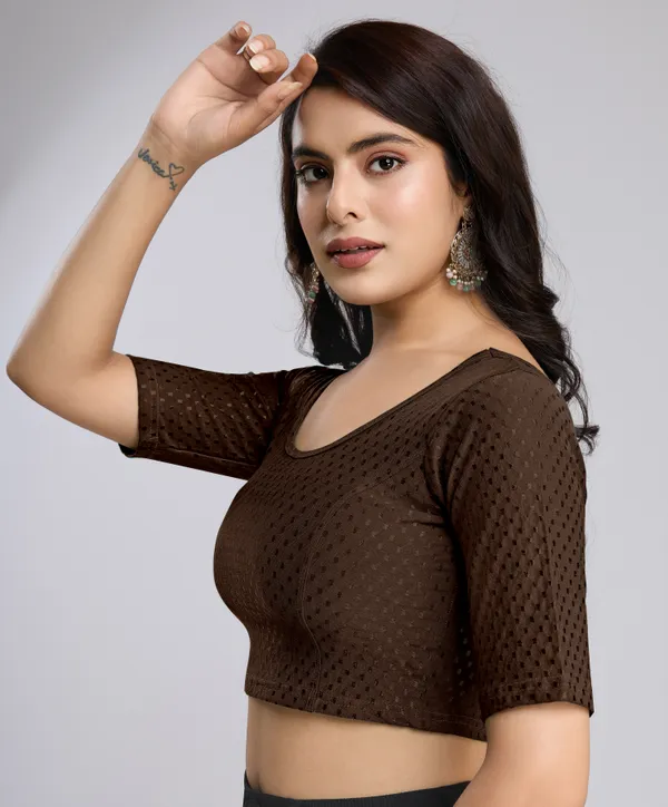 Brown_Cotton_Lycra_Stretchable_Comfy_Round_Neck_Elbow_Sleeves_Saree_Blouse_Readymade