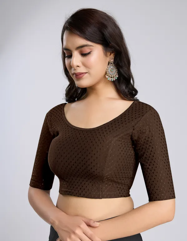 Brown_Cotton_Lycra_Stretchable_Comfy_Round_Neck_Elbow_Sleeves_Saree_Blouse_Readymade