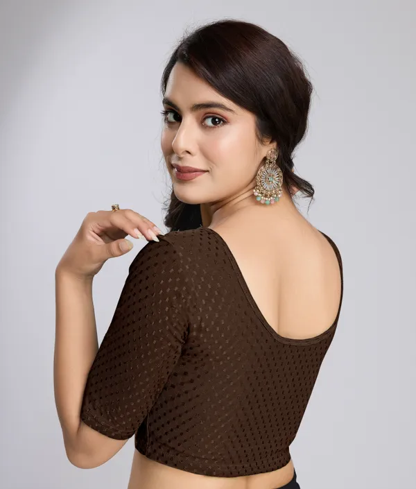 Brown_Cotton_Lycra_Stretchable_Comfy_Round_Neck_Elbow_Sleeves_Saree_Blouse_Readymade