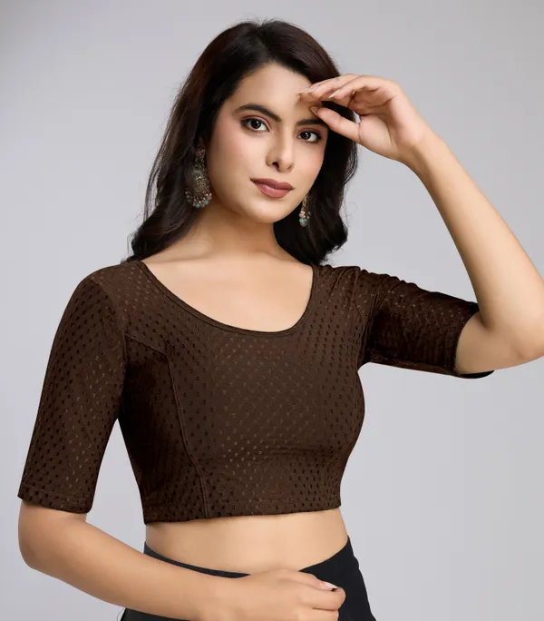 Brown_Cotton_Lycra_Stretchable_Comfy_Round_Neck_Elbow_Sleeves_Saree_Blouse_Readymade
