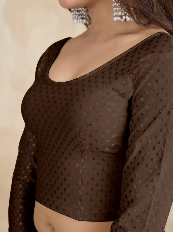 Brown_Dobby_Pure_Cotton_Elastin_Stretchable_Readymade_Blouse