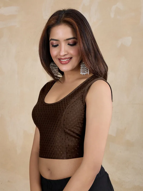 Brown_Dobby_Pure_Cotton_Elastin_Stretchable_Readymade_Blouse