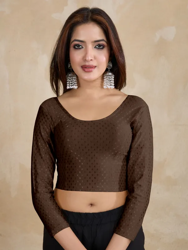 Brown_Dobby_Pure_Cotton_Elastin_Stretchable_Readymade_Blouse
