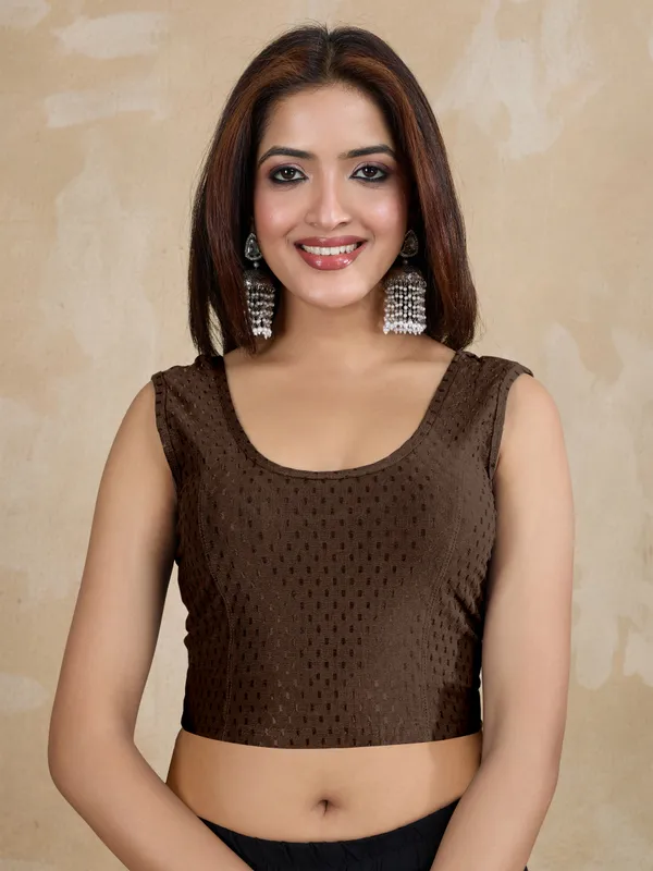 Brown_Dobby_Pure_Cotton_Elastin_Stretchable_Readymade_Blouse