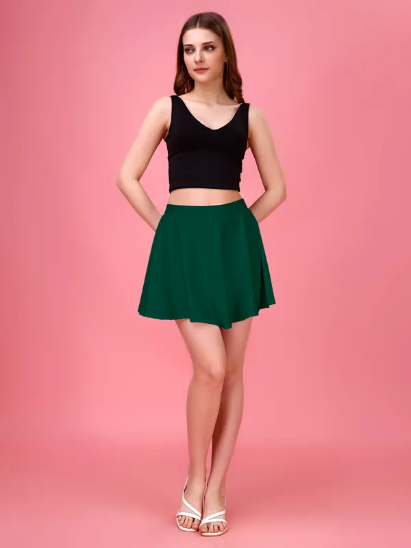 Darkgreen_Flared_Skater_Mini_Skirt_with_Inner_Shorts_�_High_Waist,_Stretchable_&_Comfortable_Fit