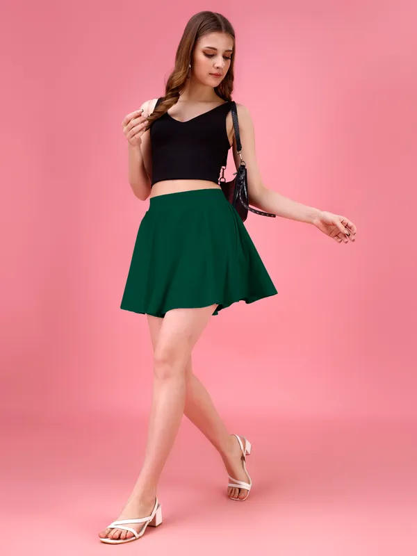 Darkgreen_Flared_Skater_Mini_Skirt_with_Inner_Shorts_�_High_Waist,_Stretchable_&_Comfortable_Fit