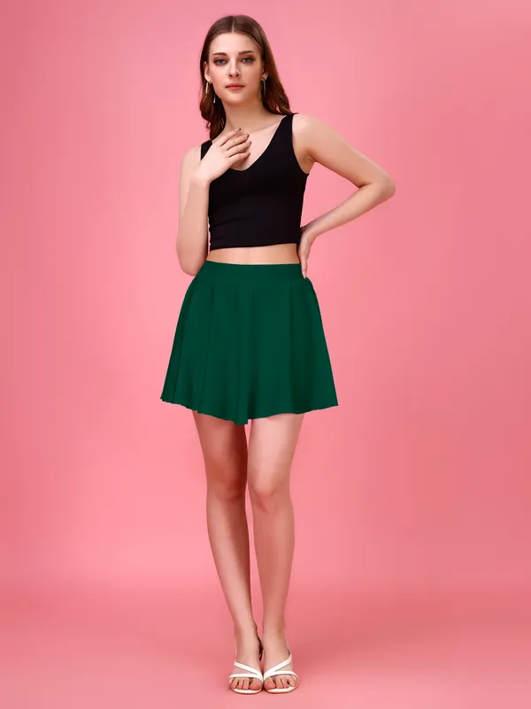 Darkgreen_Flared_Skater_Mini_Skirt_with_Inner_Shorts_�_High_Waist,_Stretchable_&_Comfortable_Fit