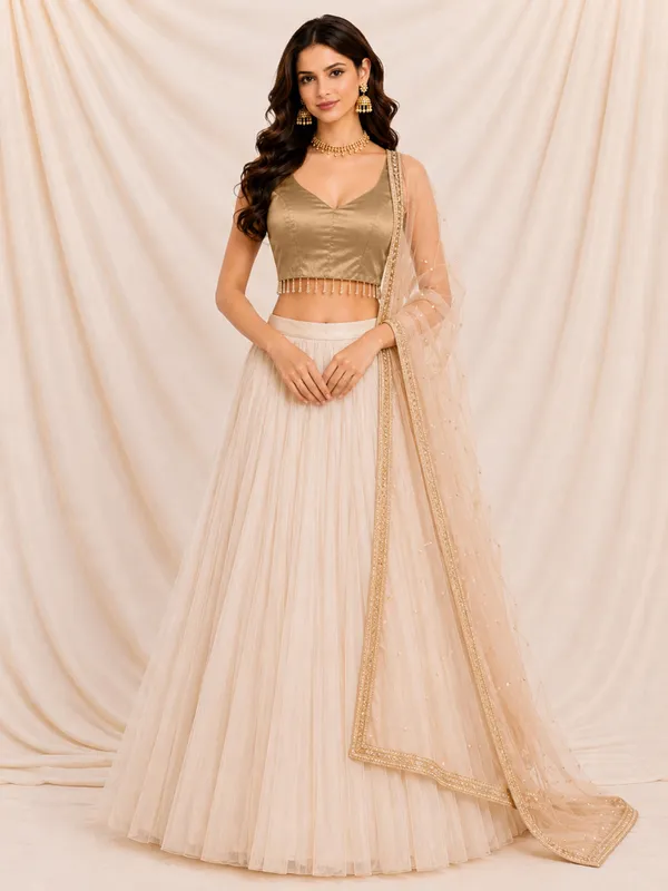 Gold_Gaji_Silk_Sleeveless_Beads_Lace_Work_Ready_To_Wear_Blouse_For_Women
