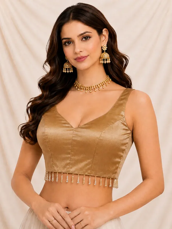 Gold_Gaji_Silk_Sleeveless_Beads_Lace_Work_Ready_To_Wear_Blouse_For_Women