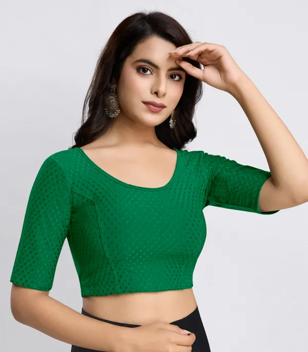 Green_Cotton_Lycra_Stretchable_Comfy_Round_Neck_Elbow_Sleeves_Saree_Blouse_Readymade