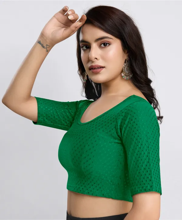 Green_Cotton_Lycra_Stretchable_Comfy_Round_Neck_Elbow_Sleeves_Saree_Blouse_Readymade
