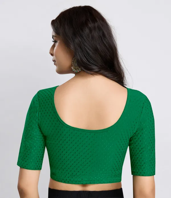Green_Cotton_Lycra_Stretchable_Comfy_Round_Neck_Elbow_Sleeves_Saree_Blouse_Readymade