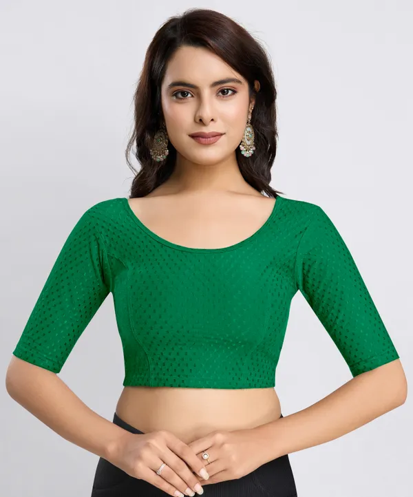 Green_Cotton_Lycra_Stretchable_Comfy_Round_Neck_Elbow_Sleeves_Saree_Blouse_Readymade
