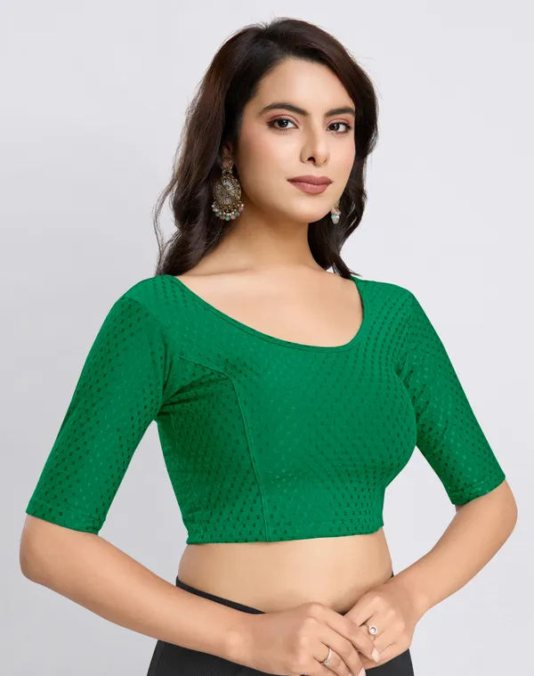 Green_Cotton_Lycra_Stretchable_Comfy_Round_Neck_Elbow_Sleeves_Saree_Blouse_Readymade