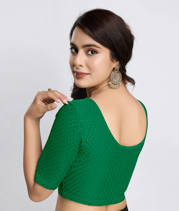 Green_Cotton_Lycra_Stretchable_Comfy_Round_Neck_Elbow_Sleeves_Saree_Blouse_Readymade