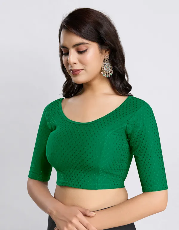 Green_Cotton_Lycra_Stretchable_Comfy_Round_Neck_Elbow_Sleeves_Saree_Blouse_Readymade