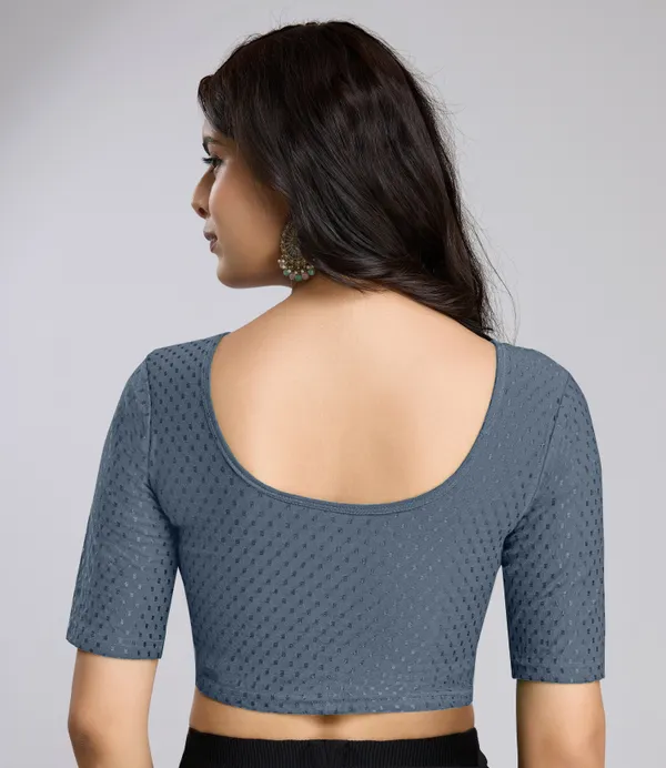 Grey_Cotton_Lycra_Stretchable_Comfy_Round_Neck_Elbow_Sleeves_Saree_Blouse_Readymade