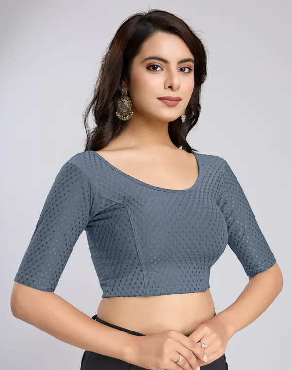 Grey_Cotton_Lycra_Stretchable_Comfy_Round_Neck_Elbow_Sleeves_Saree_Blouse_Readymade