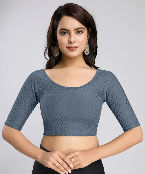 Grey_Cotton_Lycra_Stretchable_Comfy_Round_Neck_Elbow_Sleeves_Saree_Blouse_Readymade