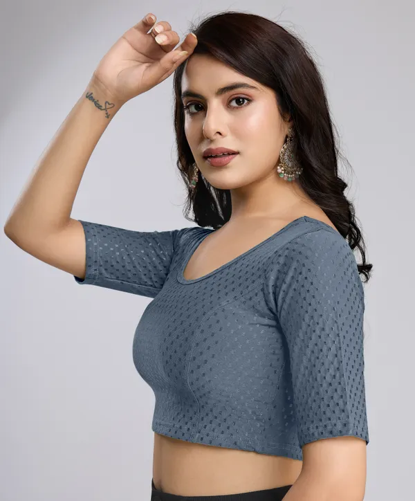 Grey_Cotton_Lycra_Stretchable_Comfy_Round_Neck_Elbow_Sleeves_Saree_Blouse_Readymade