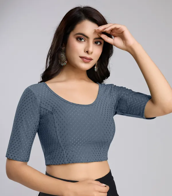 Grey_Cotton_Lycra_Stretchable_Comfy_Round_Neck_Elbow_Sleeves_Saree_Blouse_Readymade